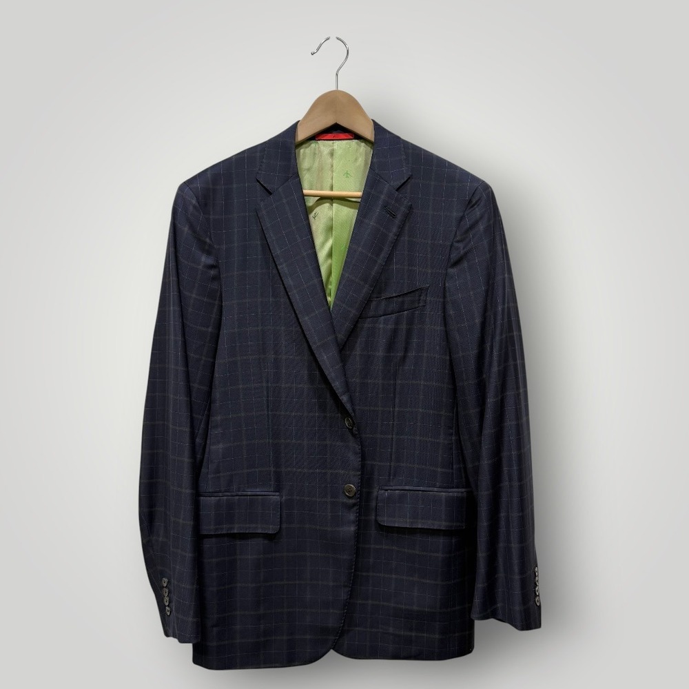 Isaia Napoli Mens Navy Blue‎ Windowpane Wool Blazer Jacket IT 52 US 42  Italy